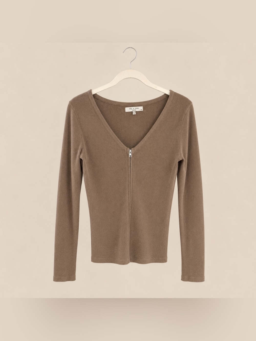Rag & Bone New York Ribbed Zip Front Long Sleeve Top Size Large